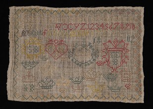 Sampler worked in cross-stitch in colored silk on loosely untreated linen, marked SB IEB 1802, sampler embroidery needlework
