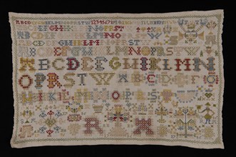 Sampler or lettercloth worked in colored silk on fine cream colored linen, marked AR ANNO 1786, lettercloth sampler embroidery
