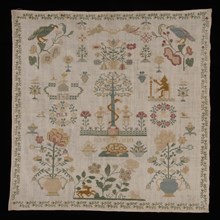 Brand patch worked in cross stitch in colored silk on cream cotton with linen effect, marked MLB 1781, sampler embroidery