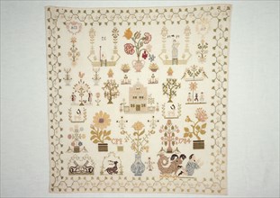 Sampler worked in cross-stitch in colored silk on fine cream-colored cotton with linen effect, marked CM 1784 ACS AP, sampler