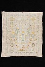 CDV, Sampler, worked in colored silk in cross stitch and star stitch on cream colored linen, marked CDV 1807, sampler embroidery