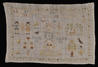 Marie Rodenburg, Sampler or lettercloth worked in cross stitch in colored silk on bleached loosely woven linen, marked MR 1803