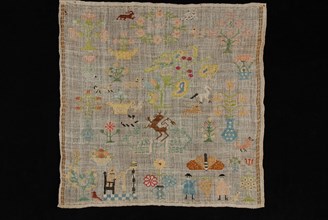 Agatha Wilkens, Sampler worked in cross-stitch in colored silk on loosely woven cream-colored linen, marked AW, sampler