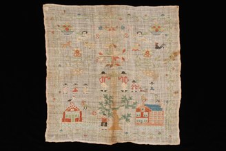 Sampler worked in cross stitch in colored silk on loosely woven unbleached linen, marked IK 1804, sampler embroidery needlework