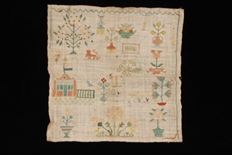 Small square sampler worked in cross stitch in colored silk on coarsely bleached linen, sampler embroidery needlework images