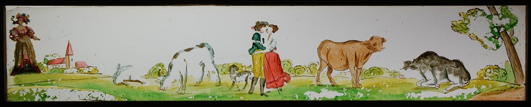 Hand-painted glass lantern plate in wooden frame, with kissing couple in landscape with cows, slide slide slideshoot images