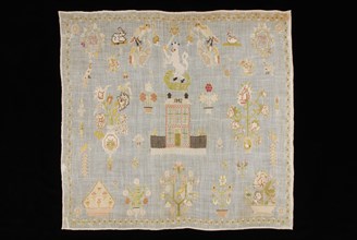 Sampler worked in cross stitch in colored silk on finely woven white linen gauze, marked 1842, sampler embroidery needlework