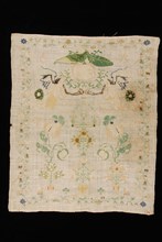 Sampler worked in cross stitch in colored silk on loosely woven bleached linen, marked EB VR 1836, sampler embroidery needlework