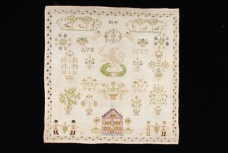 Sampler worked in cross stitch in colored silk on white cotton with linen effect, marked 1841 IB, sampler embroidery needlework