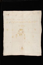Unfinished sampler or lettercloth worked in cross stitch in colored silk and linen on unbleached linen, marked J, textile
