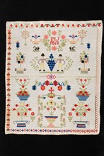 Large sampler worked in cross stitch with colored wool on coarse canvas of bleached cotton, marked MJ 1860, exercise, sampler