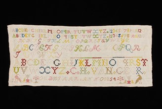 C.H. van Geer, Narrow lettercloth or sampler worked in cross stitch and star stitch in colored silk on bleached linen, marked C.