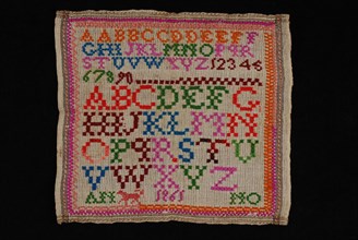 Sampler or lettercloth worked in multicolored wool on gray coarse matting canvas of cotton, ANNO 1861, lettercloth sampler