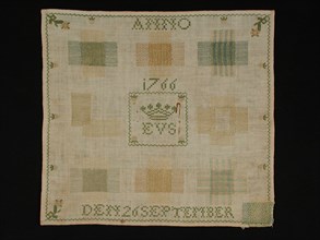 Darning sampler worked in green and yellow silk on cream-colored cotton, EVS, ANNO 1766, exercise, stoplap needlework footage