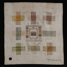 Stopper with nine stoppers worked in colored silk and white linen on finely woven linen, marked IV DV SW 1757, stoppage