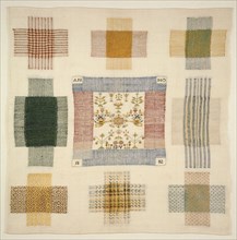Darning sampler and sampler worked in colored silk yarn on cotton with linen effect, marked J.D.V. ANNO 1802, sampler embroidery