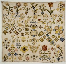Sampler worked in rococo or bundle stitch with colored silk on loosely woven cream-colored linen in floral motifs, marked 1742