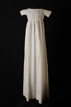 Long flared christening dress in white cotton, slip dress or carrier dress, white embroidery on the hem edge, christening