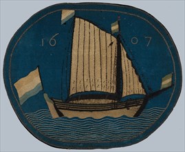 Blazon of the Groot Schippersgilde, left sailing ship, blazon cushion leaf wool silk, textile woven embroided Oval blazon