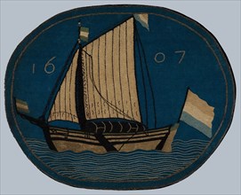 Blazon of the Groot Schippersgilde, right sailing ship, blazon cushion leaf wool silk, textile woven embroided oval blazon