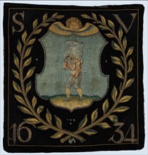 Blazon of black cloth with application depicting bag carrier, blazon coat of arms information form wool cotton linen burlap