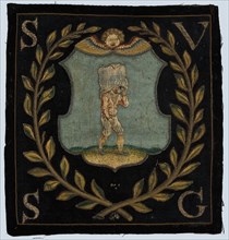 Blazon of black cloth with application and (gold) embroidery, cherub head above shield with pocket carrier to the right, laurel
