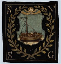 Blazon of black cloth with application depicting two boats, blazon coat of arms information form wool cotton linen burlap? silk