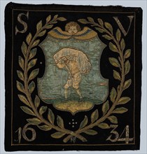 Blazon of black cloth with application depicting bag carrier, blazon coat of arms information form wool cotton linen jute? silk