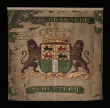 White silk banner regiment Rotterdamsche Schutterij 1828-1851, double-sided painted with weapon, standard information form silk