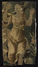 Fragment of carpet in tapestry with female figure on it, carpet interior design wool silk, textile tapestry Rotterdam education