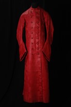 Dressing gown with vest, pink red damask with motif of large flowers, double row of buttons, dressing gown outerwear men's