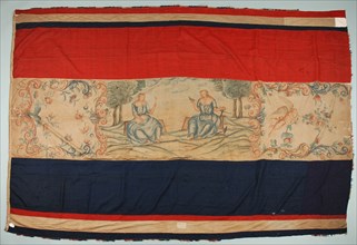 Red-white-blue flag, painted white center with personifications of Faith and Hope, flag information sheet sheep wool wool cotton