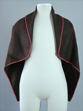 Mens waistcoat of brown wool without buttons and edged with pink red silk band, vest outerwear men's clothing wool silk shoulder