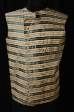Men's vest in cream-colored silk, blue striped and double breasted, vest outerwear men's clothing silk shoulder, waist, bottom