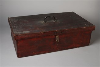 Rectangular box with flap lid, exterior mahogany color stained, inside painted blue, on edge lid 1853, storage box coffin holder