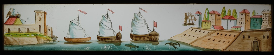 Hand-painted double glass lantern plate in wooden frame, with ships at port city, slide slide slideshoot images glass wood, Hand