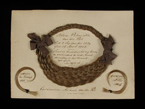 Oval braided hair wreath with inscription, Debora Petronella van der Pot 1848 and Catharina Antonia van der Pot 1848, on the map