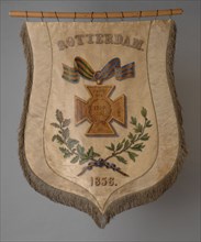 Painted white silk banner, ROTTERDAM 1856 and Trouw to King and Fatherland, standard information form silk paint, Cream-colored
