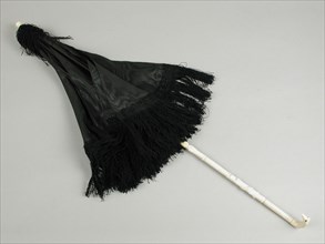 Small carriage parasol with black silk cover, moire, trimmed with frills, ivory handle, carriage umbrella parasol clothing