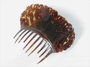 Large ornamental comb of yellow-brown flamed tortoise, ten long curved teeth, fan-shaped leaves above it with engraved lines
