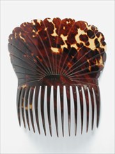 Hair comb of brown-yellow flamed tortoise, comb with 15 long curved teeth, broad and high fan-shaped leaves with radial