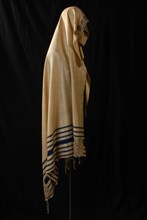 Jewish prayer scarf or tallit gadol of white silk with gold and silver embroidery, tallith liturgical clothing men's clothing