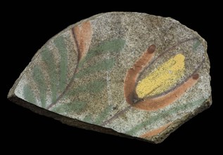 Soil fragment faience plate with polychrome flower on white ground, plate dish crockery holder soil find ceramic earthenware
