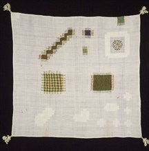 Darning sampler worked in colored silk and white linen on fine bleached linen, SB, exercise, stoplap needlework footage silk