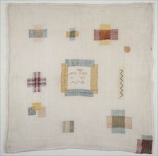 Darning sampler worked in colored silk on bleached linen, marked AAK 1747, stoplap needlework image linen silk, textile stop