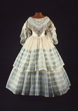 Blue and white strips of crinoline, afternoon dress, frock outerwear women's clothing clothes cotton linen metal mid back