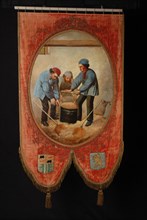 Wilhelmus Petrus van Geldorp, Banner of red velvet, oval medallion with painting on which three men with grain, Sworn Grain