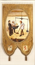 Wilhelmus Petrus van Geldorp, Banner of golden brown velvet, oval medallion with painting on which three men with grain