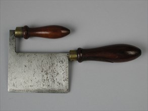 metal worker: Gresnich, Steel miniature chopper with two wooden handles and wide rectangular knife, cleaver knife kitchenware