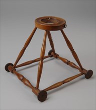 Miniature wooden walking frame with square base, pyramid shaped ascending, round wooden waistband with removable piece